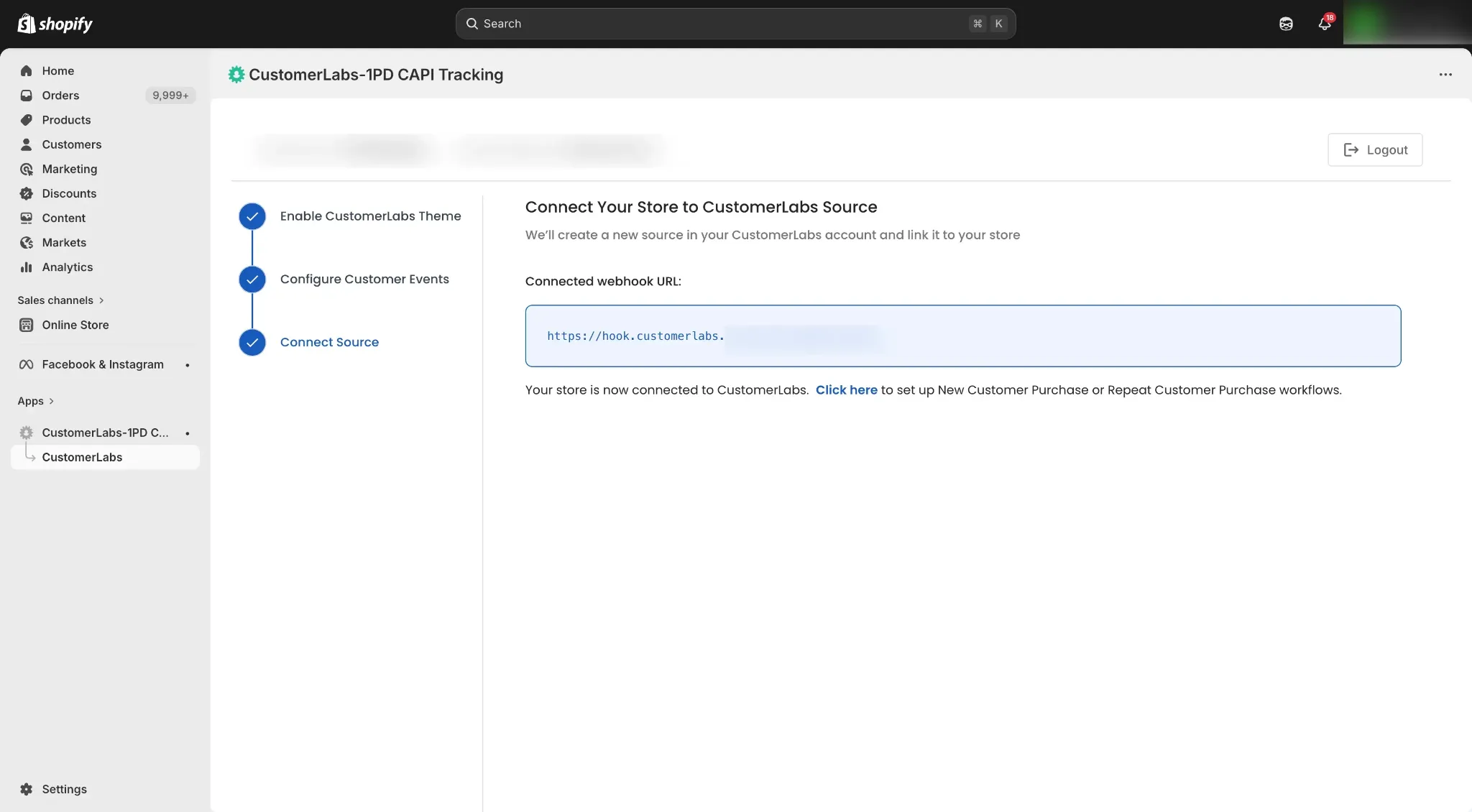 CustomerLabs Sources view with the connected Shopify purchase webhook