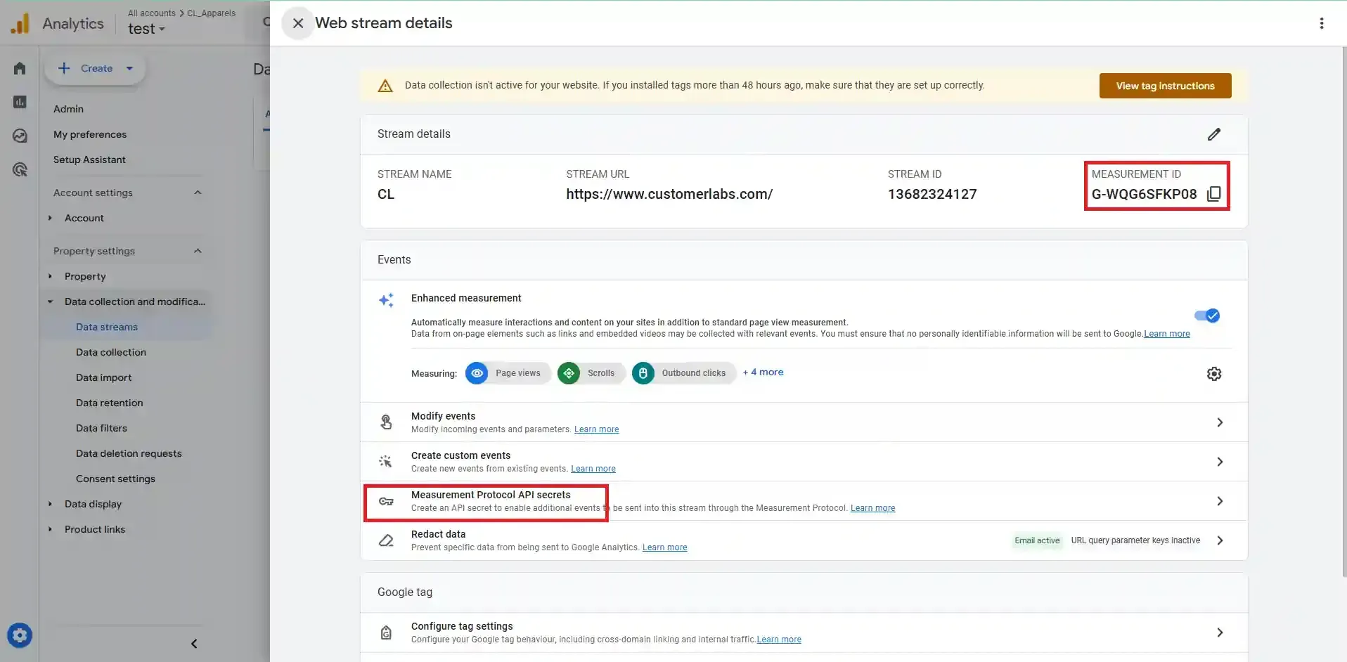 GA4 Data Streams screen with the Measurement Protocol API secret creation step