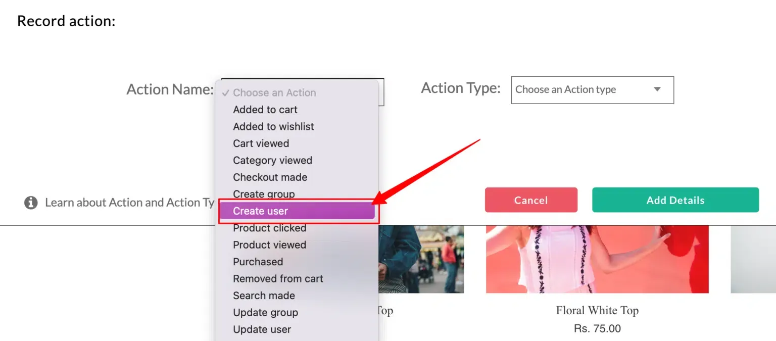 Create user event setup screen in the No-Code Event Tracker