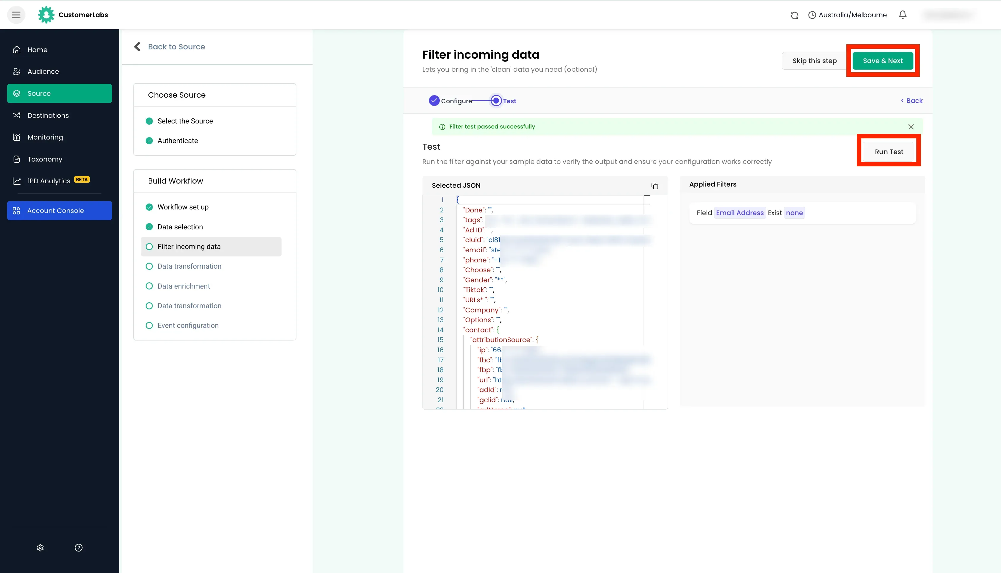 CustomerLabs source workflow filter setup
