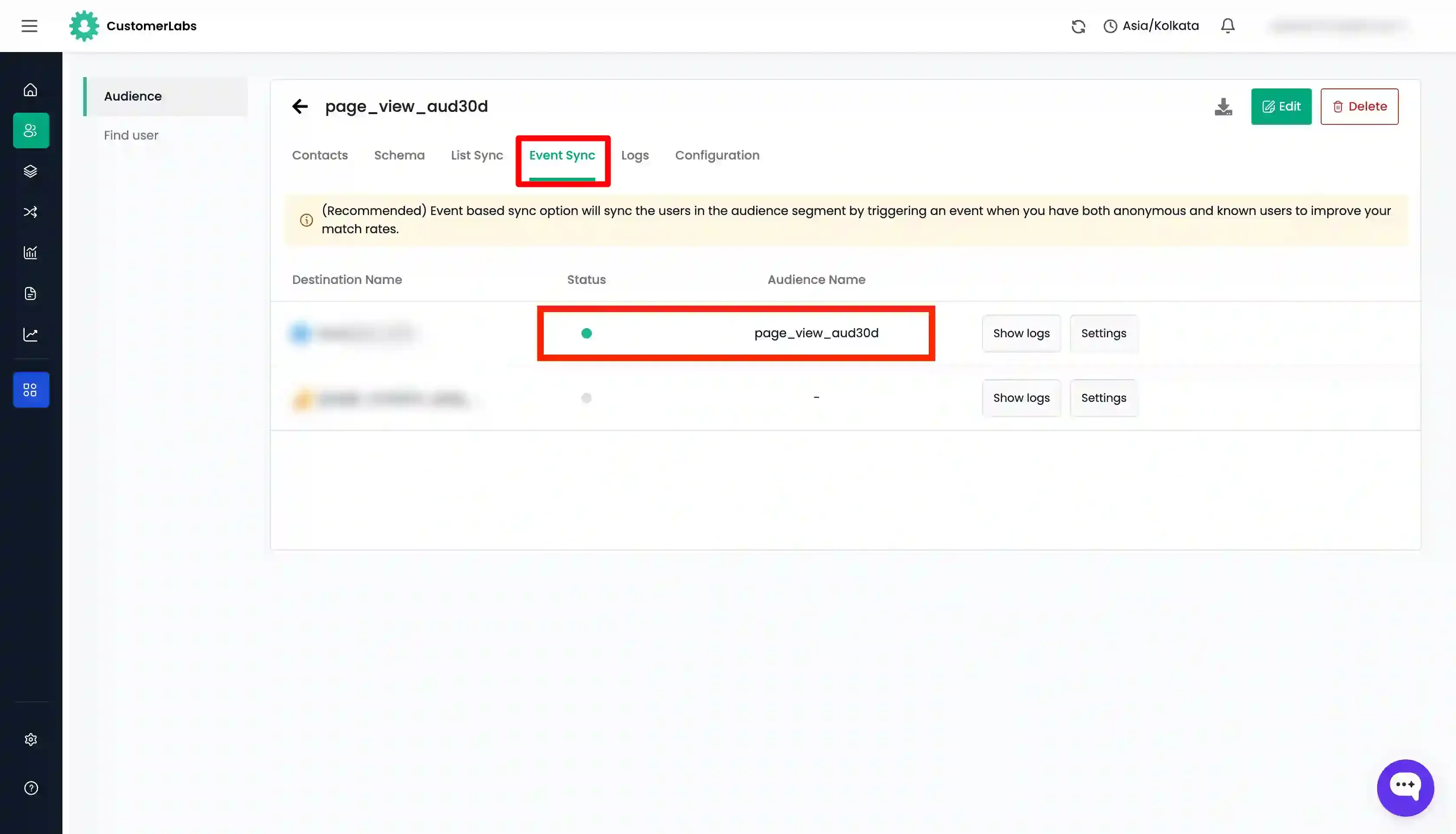 Event Sync Settings Tab - Status