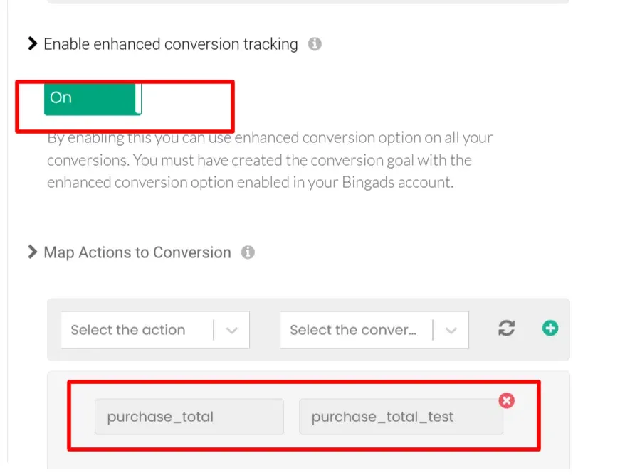 this image repreasent the enable enhanced conversion tracking on switch and the map activities to conversion