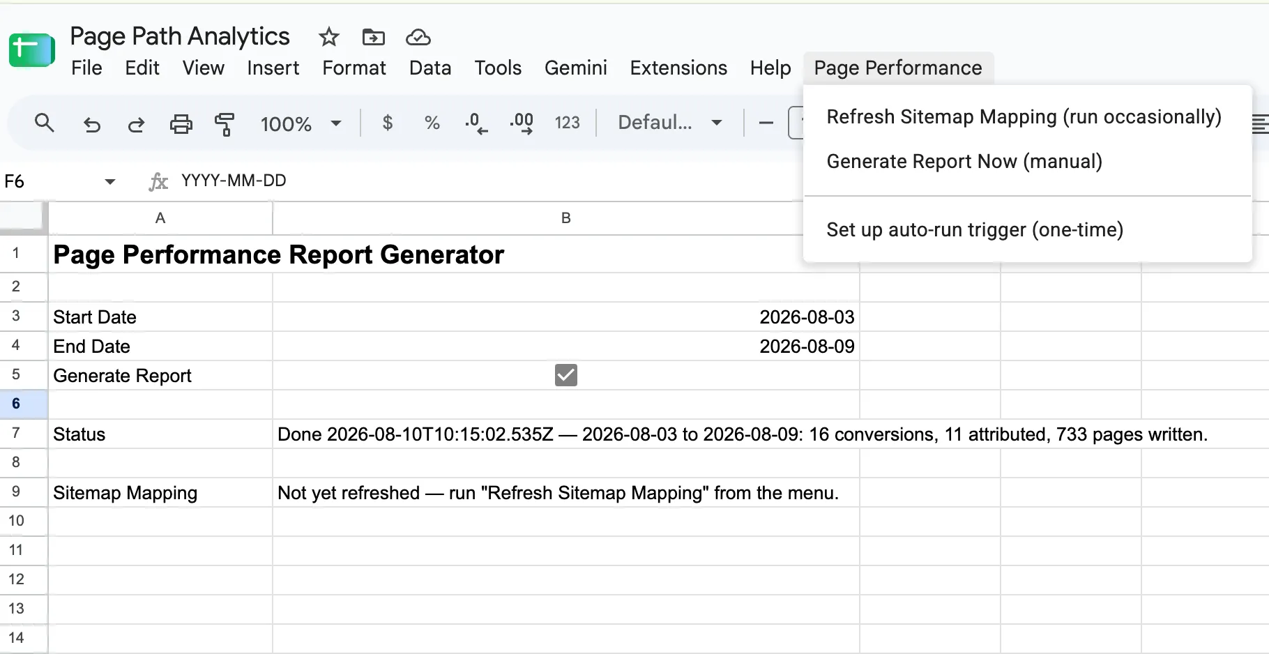 Customized page performance report generator
