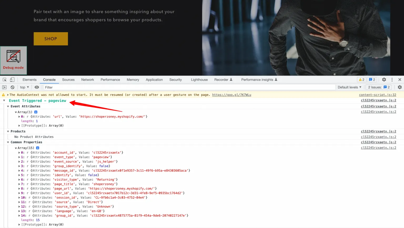Event payload visible in the browser console
