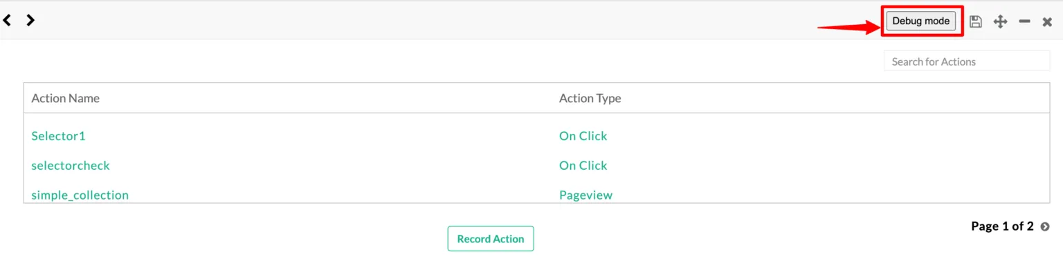 Debug mode toggle in the events list