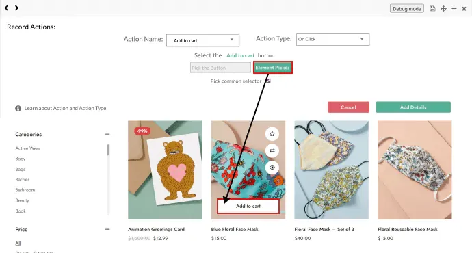 custom built eCommerce store image showing the no-code event tracker tracking the add to cart button click action