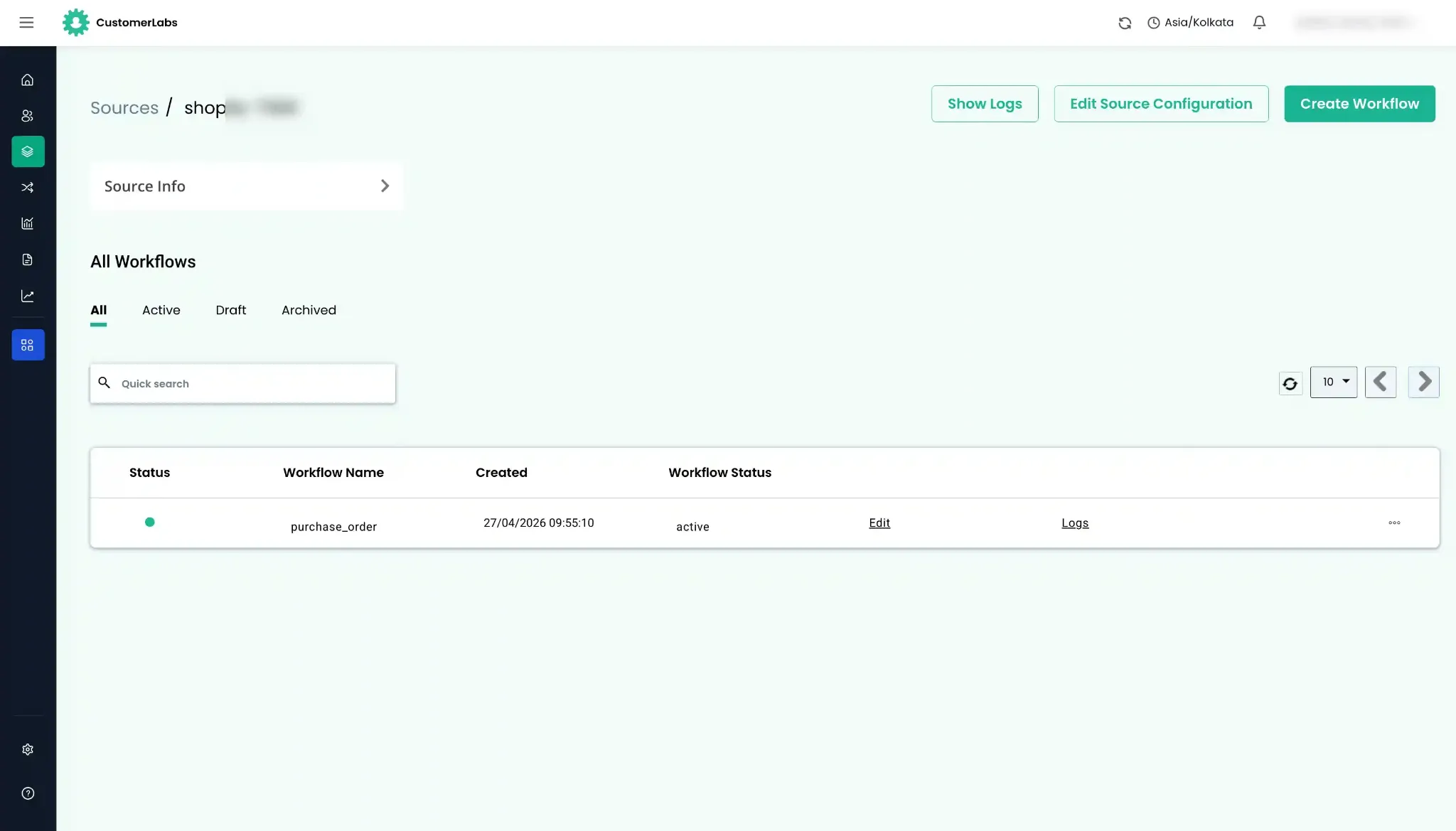 CustomerLabs purchase_order workflow open in Sources for editing delay and sample data