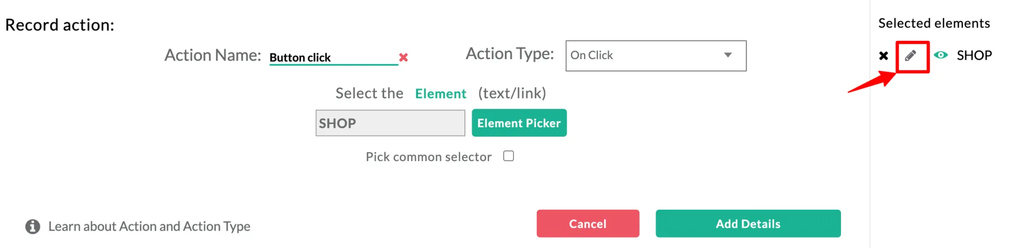 Edit icon on the picked element