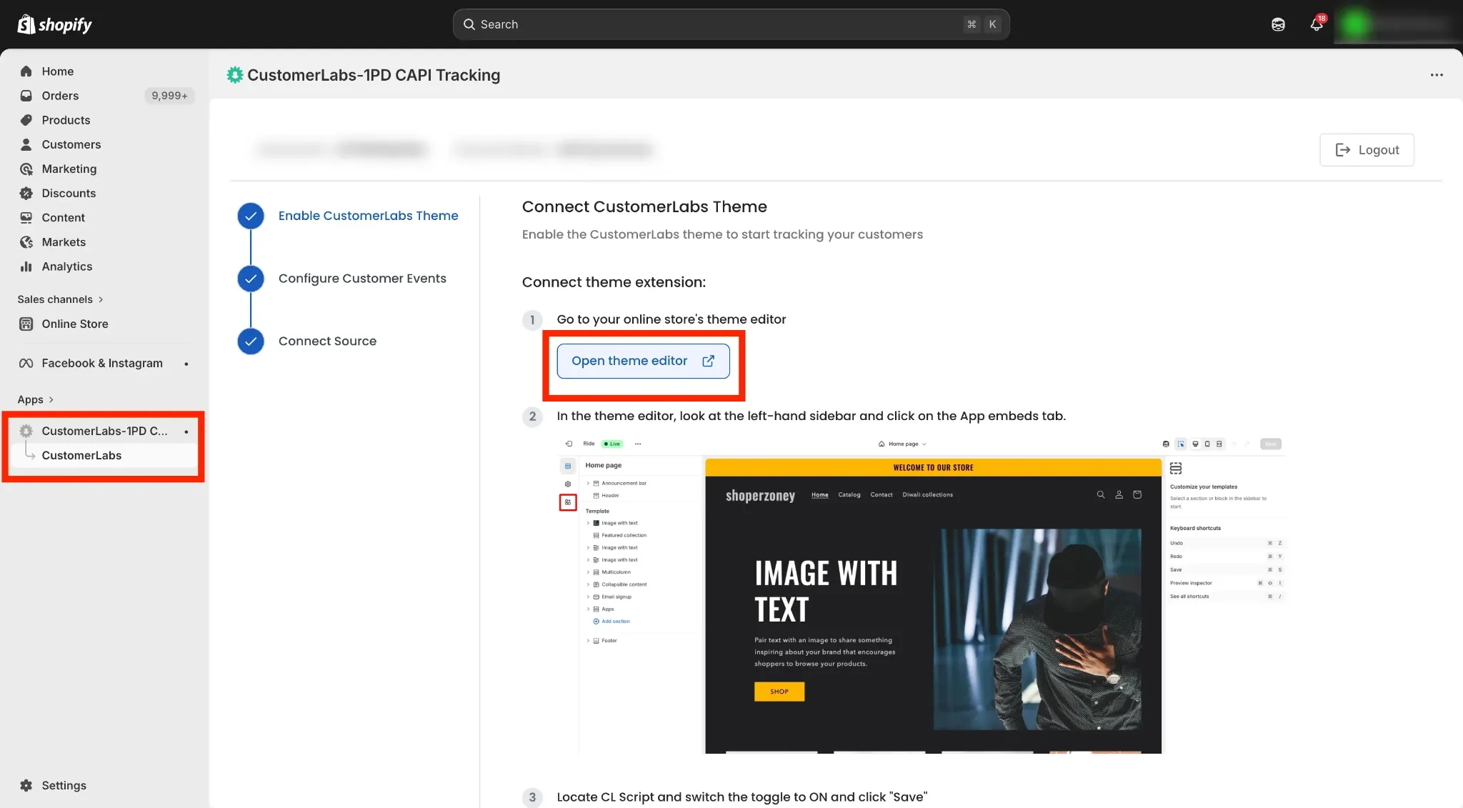 Shopify theme editor with the CL script app-embed toggle enabled