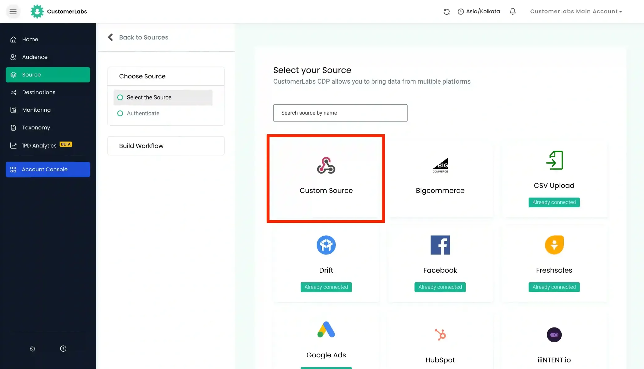 Choose custom source webhook in customerlabs