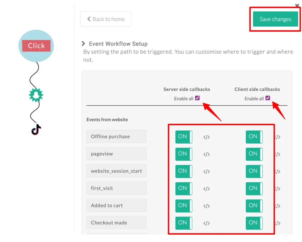 "Event workflow setup page with toggles to enable server-side and client-side callbacks for all events. 'Save changes' button appears at the top right."