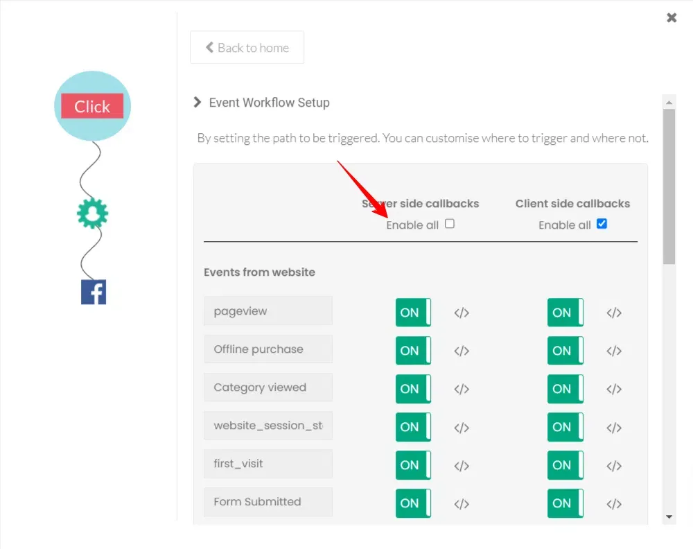 Image shows the toggle option to enable server side events
