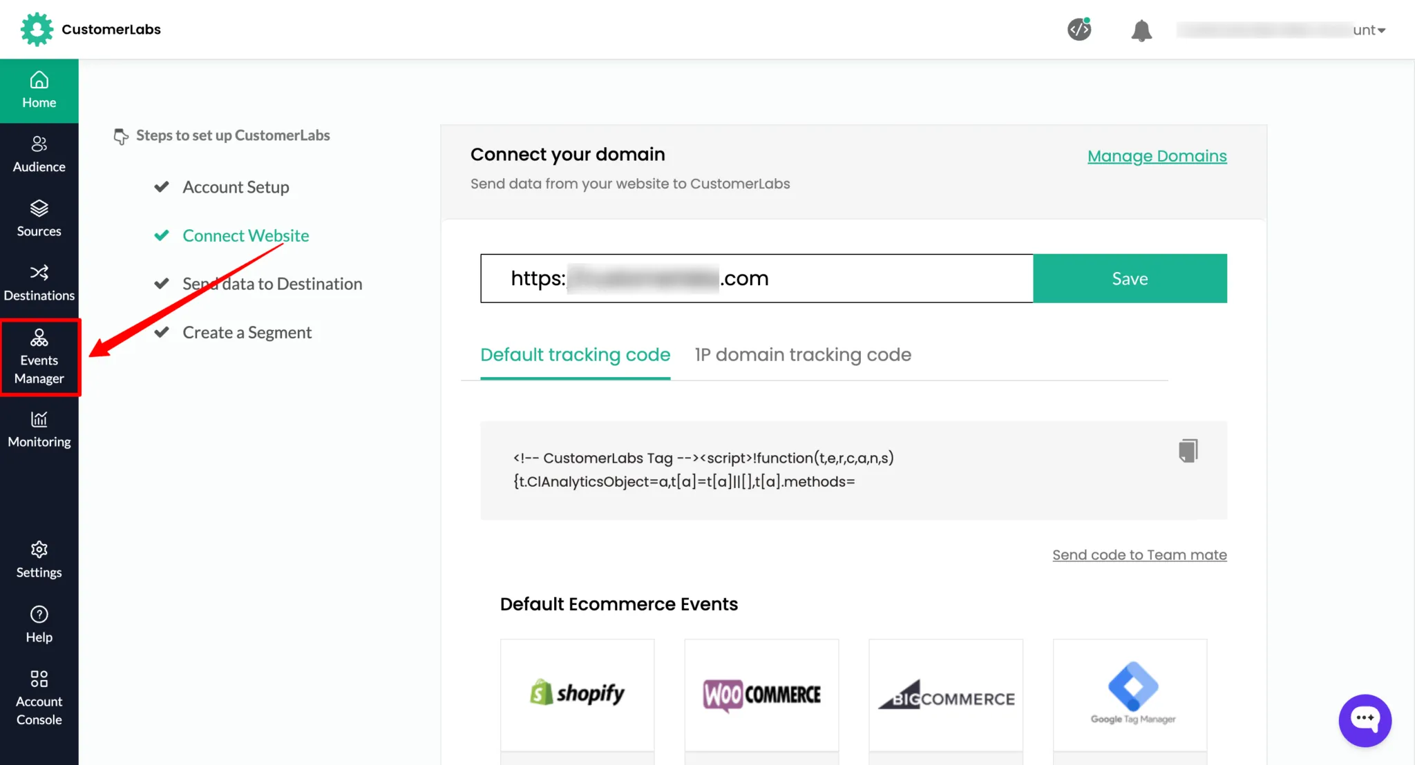 Events Manager listing tracked events