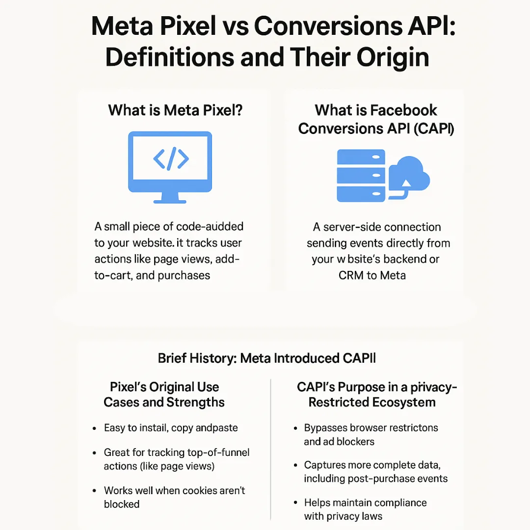 The illustration talks about what is Meta pixel and conversions API and it’s definition and origin.