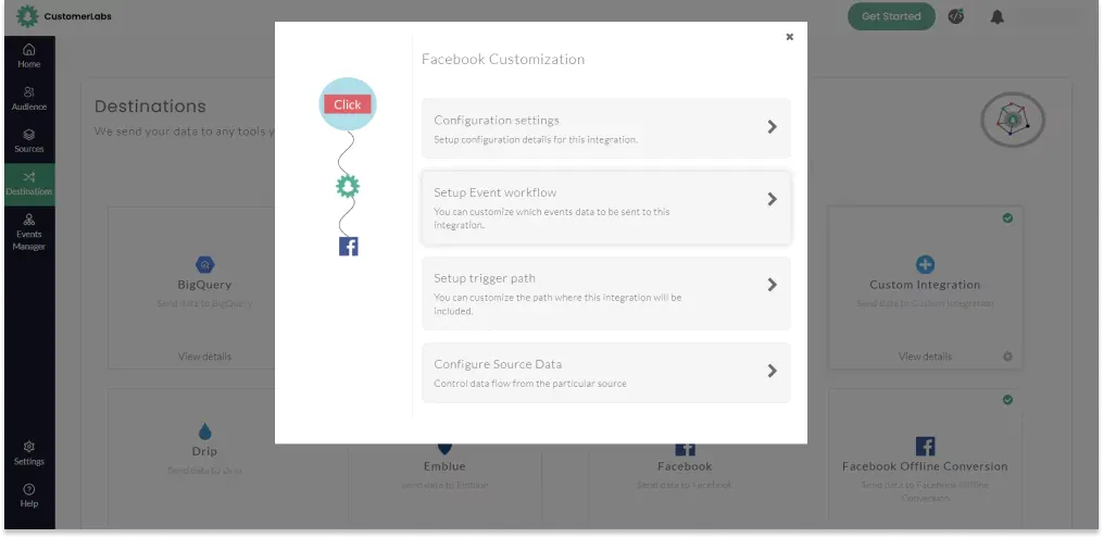 CustomerLabs Integration of Facebook dashboard screenshot step by step process step 1