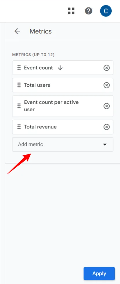 This image shows to click Add metric