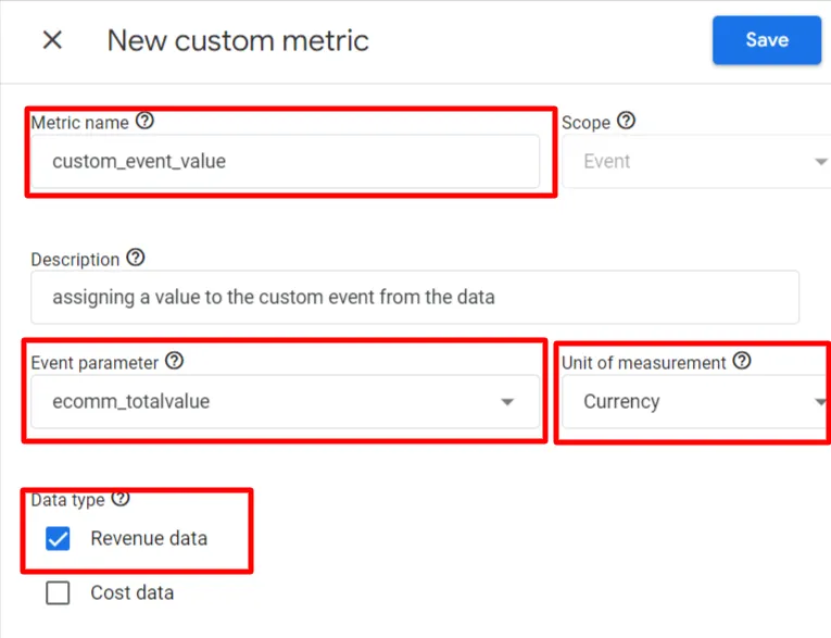 This image explains to check the red marked boxes like metric name, event parametere, unit of measurements