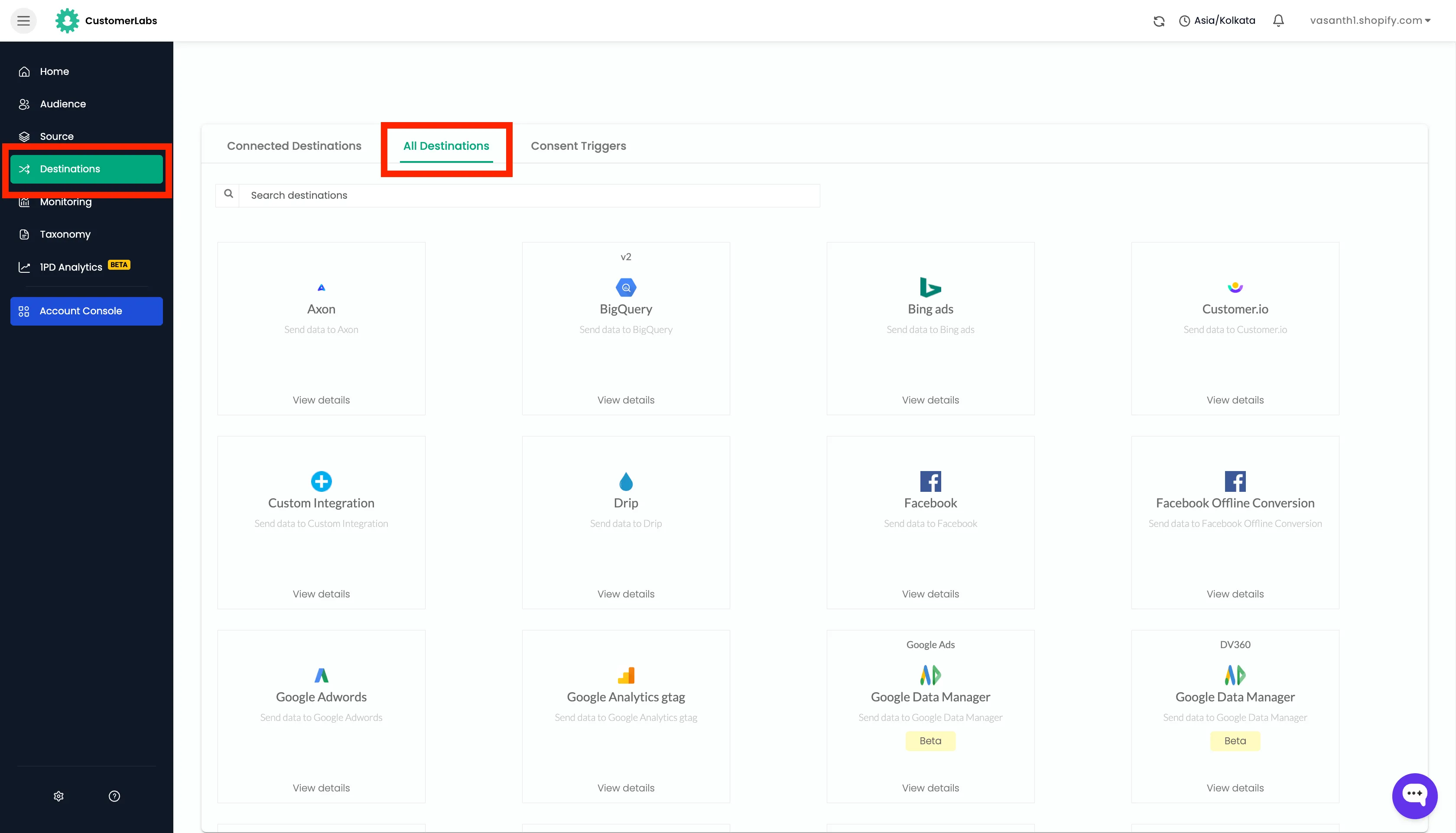 All Destinations tab in the CustomerLabs Destinations screen