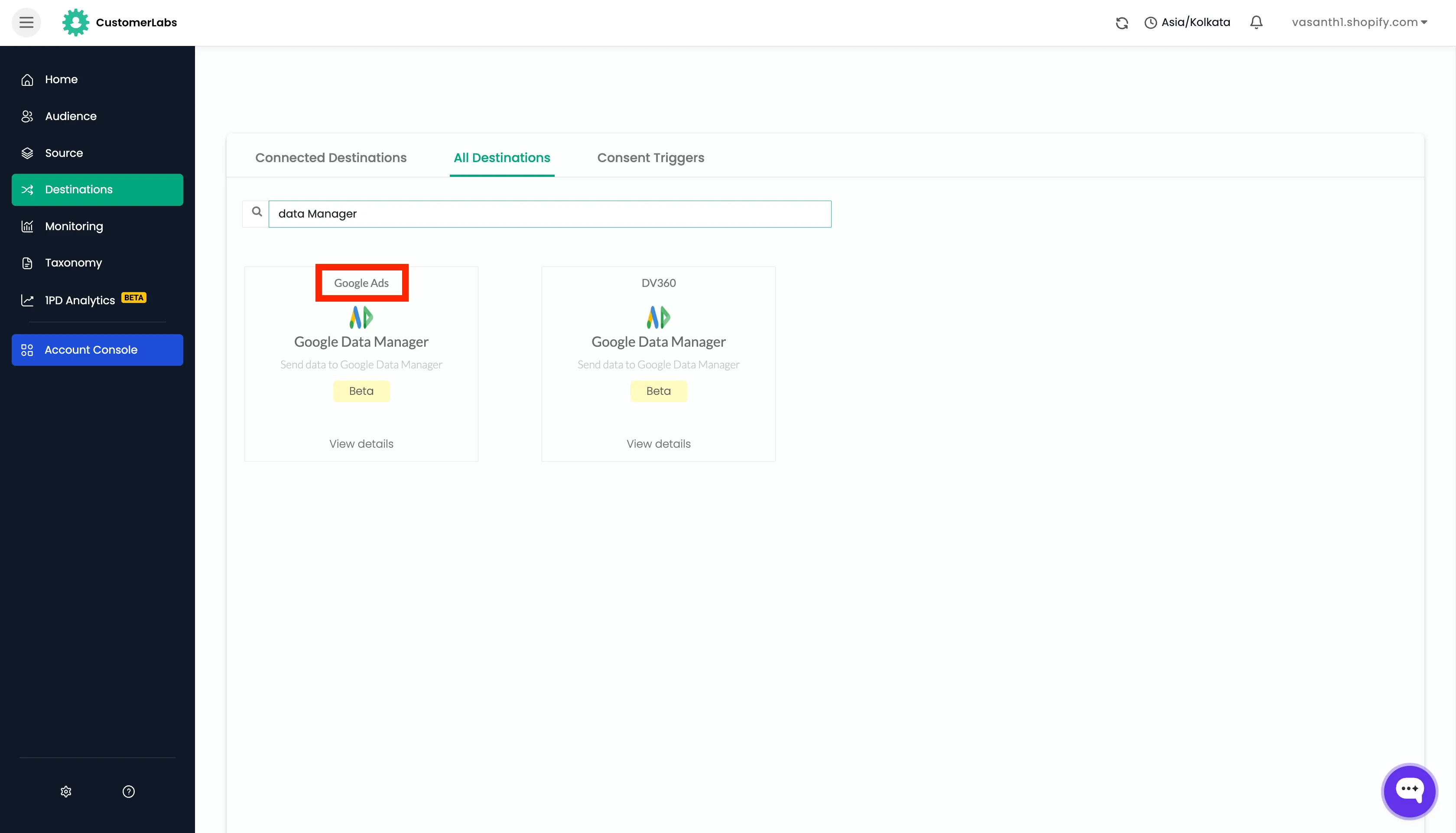 Google Data Manager (Google Ads) card in the destinations search results