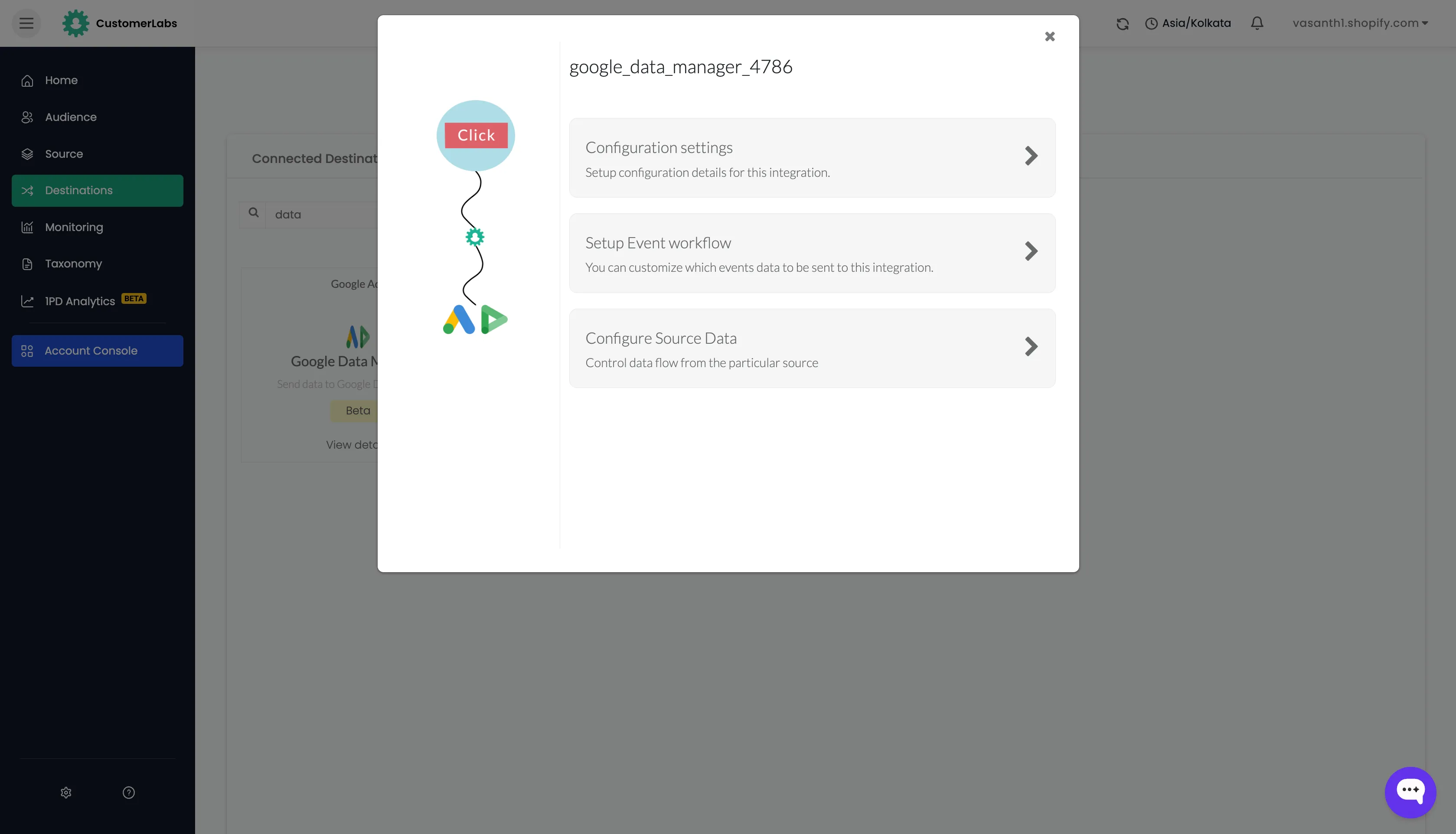 Configuration settings, Setup Event workflow, and Configure Source Data options