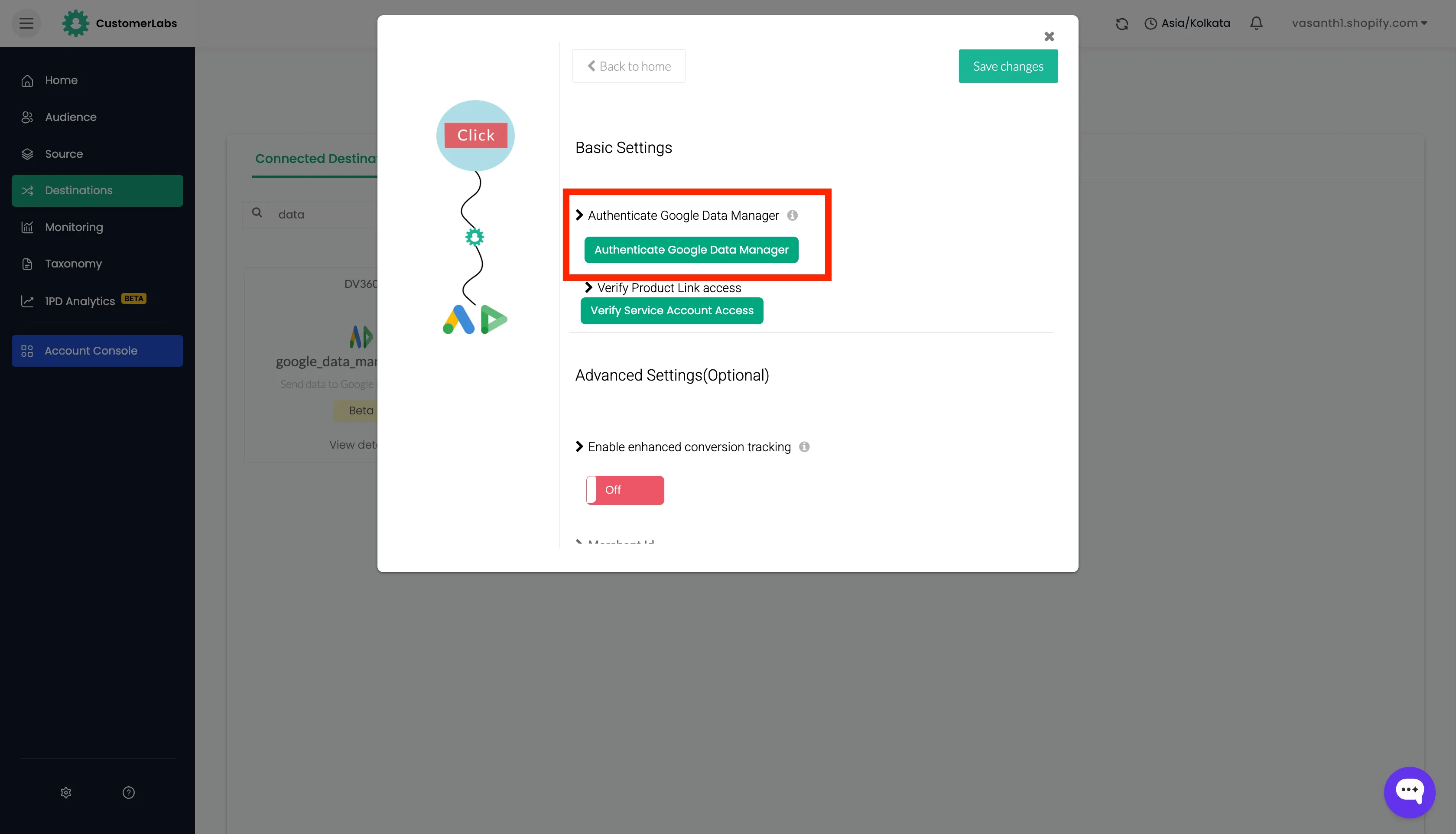 Authenticate Google Data Manager button in Basic Settings