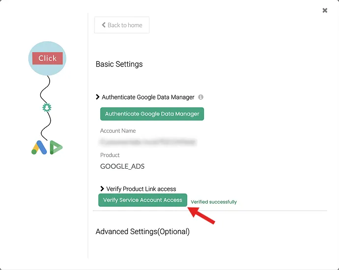 Verify Service Account Access showing Verified successfully