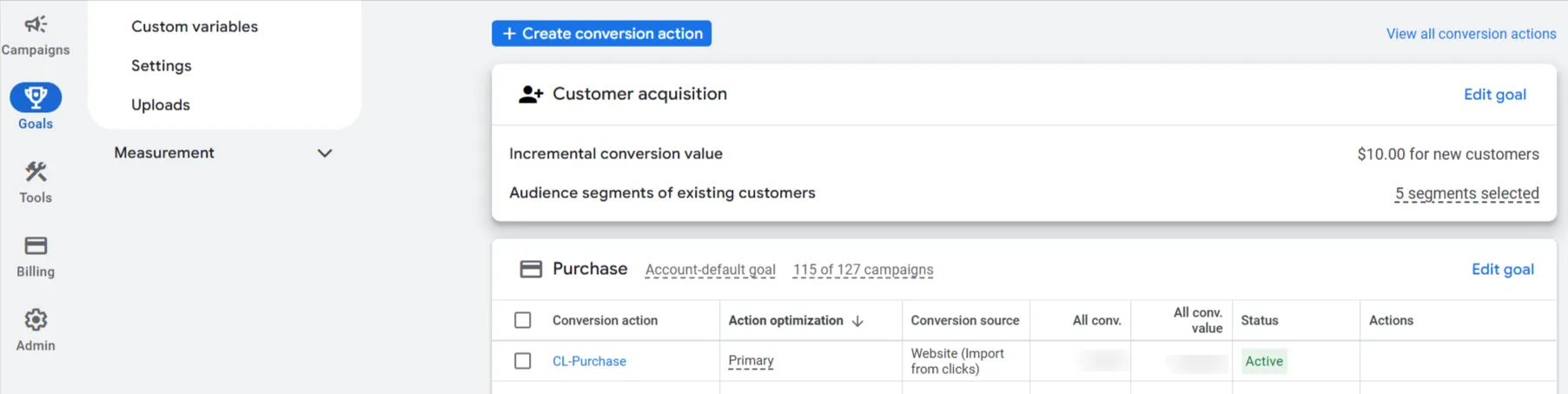 Create conversion action button under Goals Summary in Google Ads