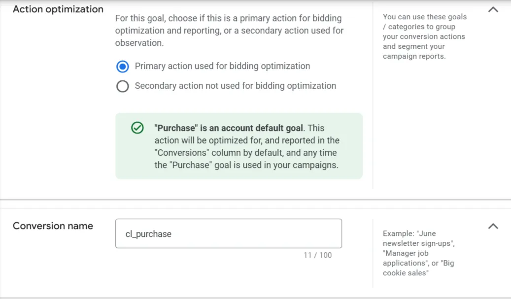 Action optimization set to Primary and Conversion name set to cl_purchase