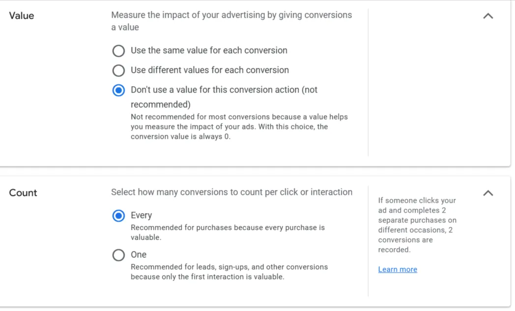 Value set to Don't use a value, and Count options Every and One