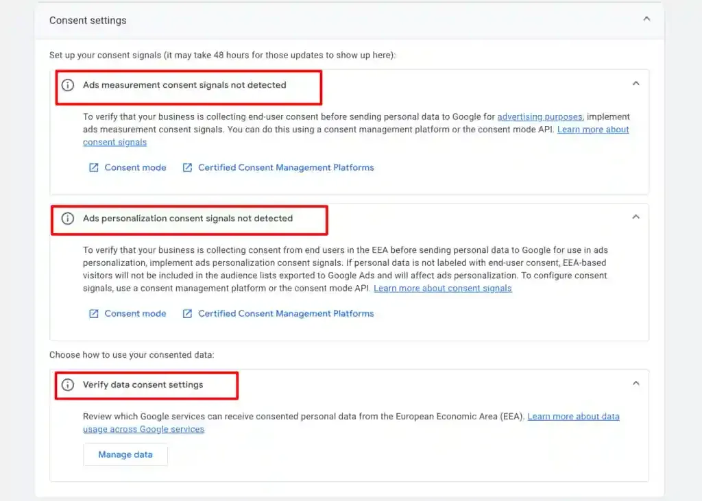CustomerLabs Consent Mode v2 configuration with default signals for analytics_storage, ad_user_data, ad_personalization