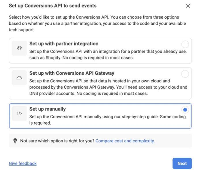 This image shows the saet up conversion API to send events