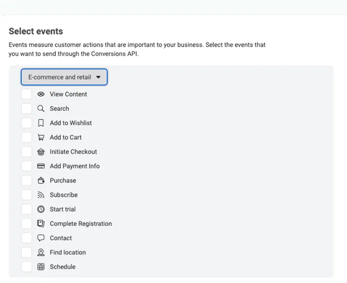 This image represent the select events and e-commerce and retail details
