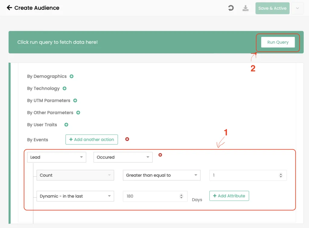 This screenshot shows how to create audience using CustomerLabs CDP