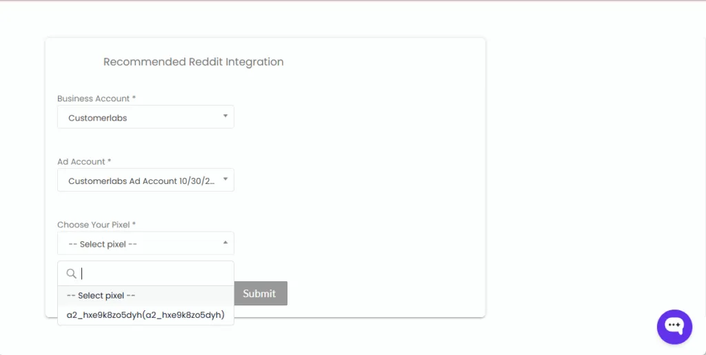 CustomerLabs Reddit integration form showing selection of Business Account, Ad Account, and Pixel for final setup submission.
