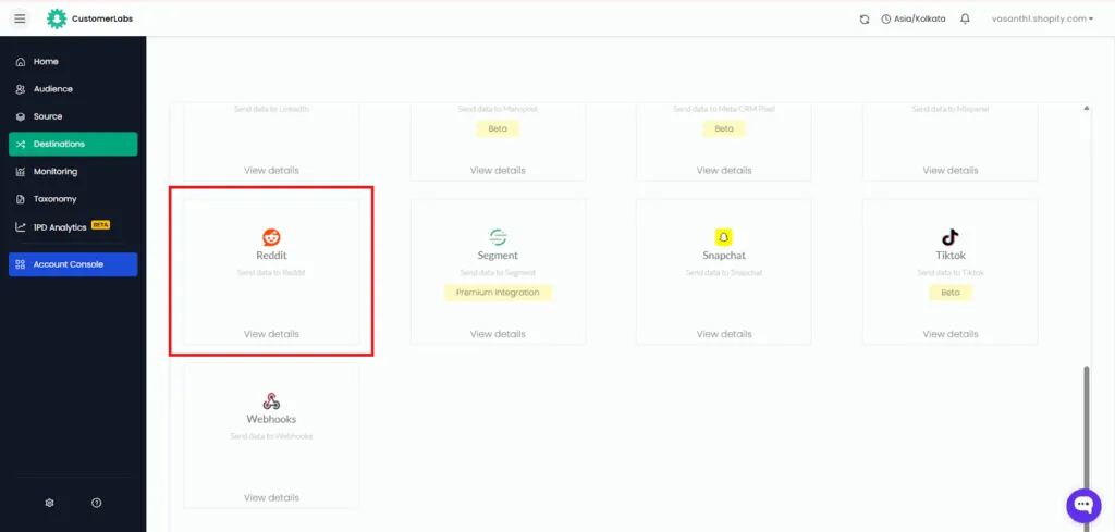 CustomerLabs dashboard showing the Destinations page with Reddit integration tile highlighted for sending data to Reddit.