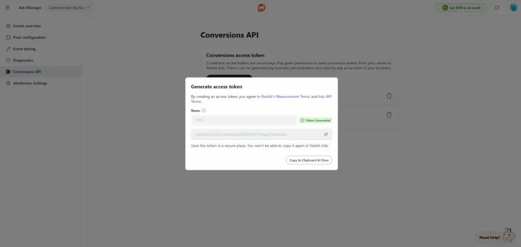 Reddit Ads Manager Conversions API page showing a popup window where an access token is generated with the name field filled and the token successfully created.