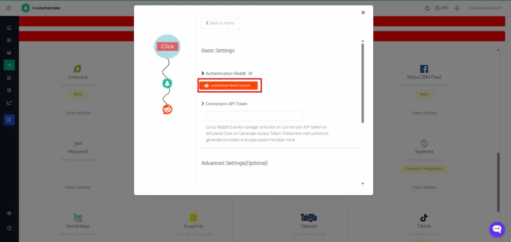 CustomerLabs Reddit integration setup window highlighting the Configuration Settings option for Reddit destination setup