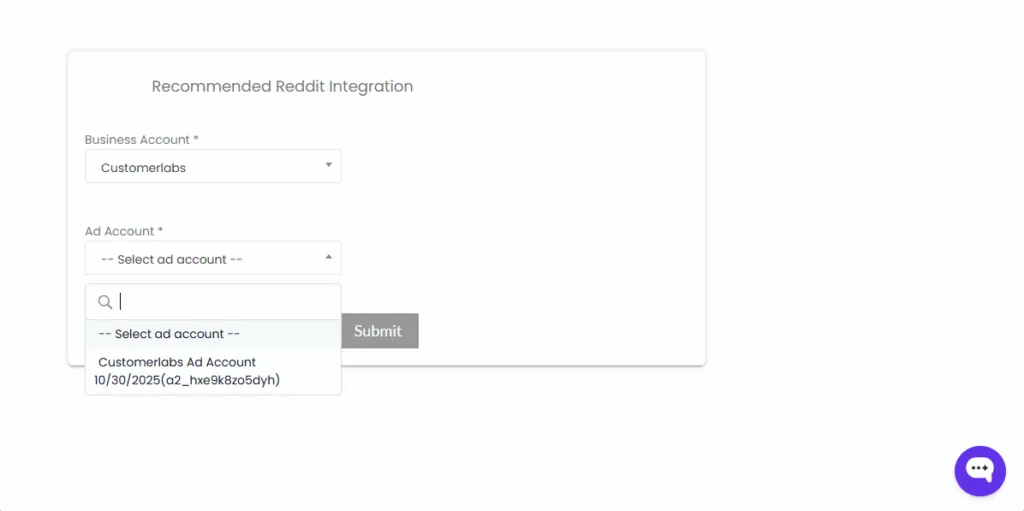 CustomerLabs Reddit integration screen showing selection of both Business Account and Ad Account before submission