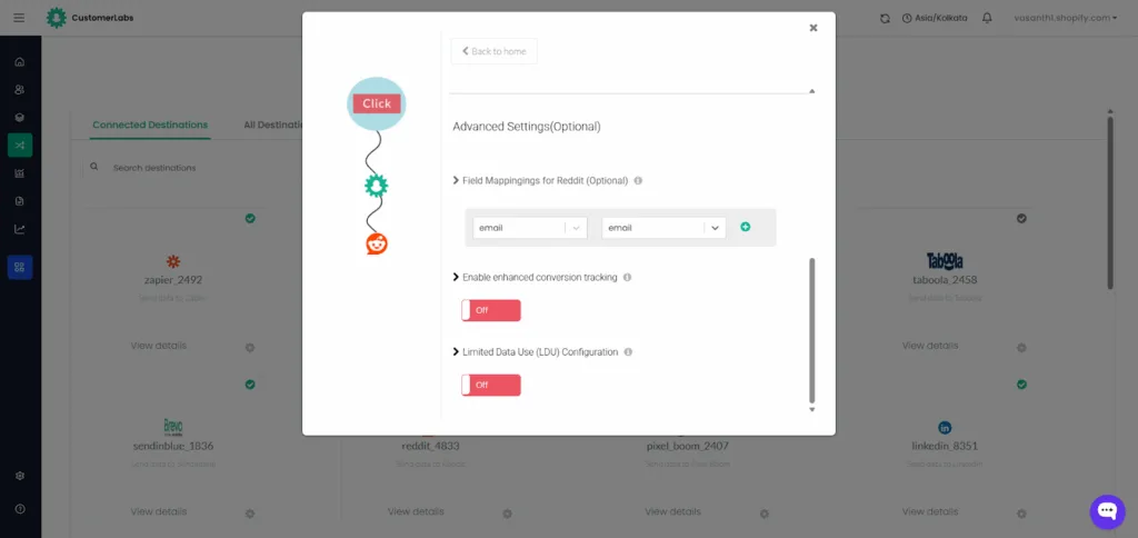 CustomerLabs Reddit integration Advanced Settings section displaying optional field mappings and toggles for enhanced conversion tracking and Limited Data Use configuration, both turned off