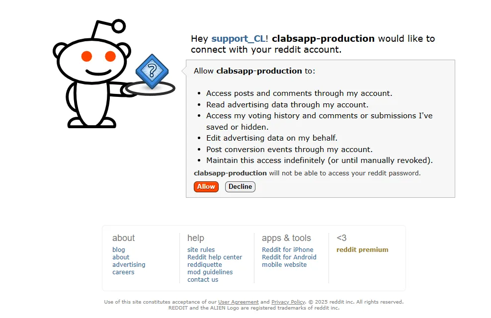 Reddit authorization screen prompting the user to allow clabsapp-production to access and post advertising data on behalf of the connected Reddit account.