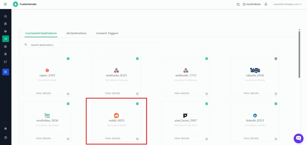 CustomerLabs Connected Destinations page showing the Reddit destination successfully connected with a green check mark inside a red border highlight