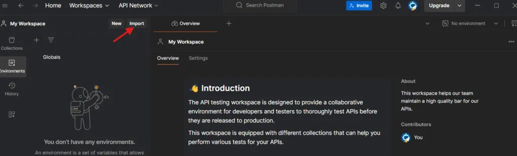 Postman import screen – “Postman workspace interface showing the Import button highlighted under the New tab in the My Workspace section.”