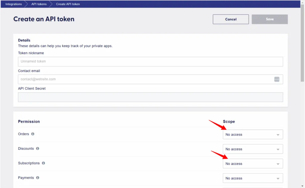 Create API token form – “Recharge ‘Create an API token’ page showing input fields for token nickname, contact email, and API client secret, with permission scopes for orders, discounts, and subscriptions.”