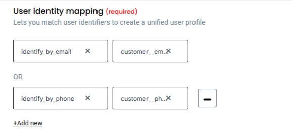 User Identity Mapping – “CustomerLabs setup screen showing user identity mapping with identify_by_email and identify_by_phone fields for matching customer identifiers.”