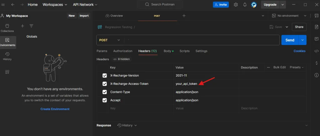 Postman API headers setup – “Postman request setup screen showing headers for a POST request including X-Recharge-Version, X-Recharge-Access-Token, Content-Type, and Accept fields.”