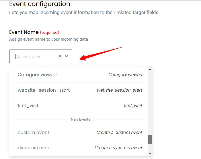 Event Configuration Dropdown – “CustomerLabs Event Configuration interface showing dropdown menu to assign event name with options like Category viewed, website_session_start, and custom event.”