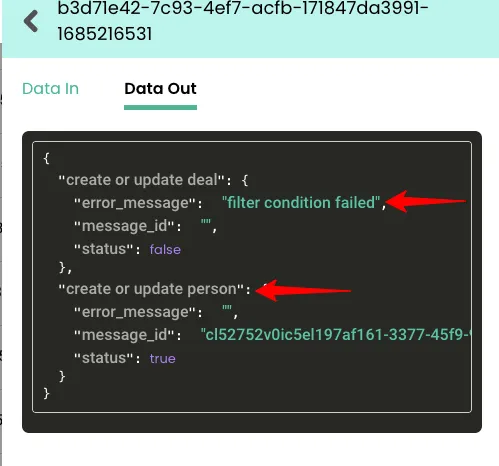 Data Out Log Example – “CustomerLabs Data Out Log showing JSON response with filter condition failed error for create or update deal and successful status for create or update person.”