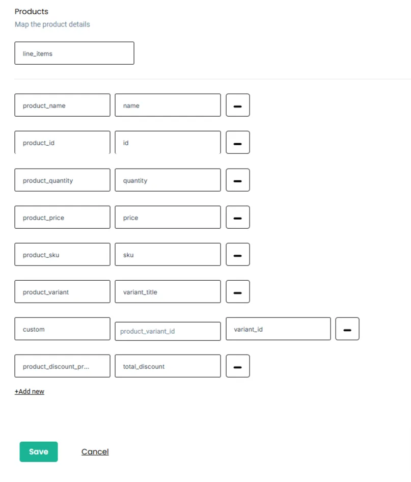 Product Data Mapping – “CustomerLabs interface showing product data mapping section with fields like product name, ID, quantity, price, SKU, variant, and discount configured under line_items.”