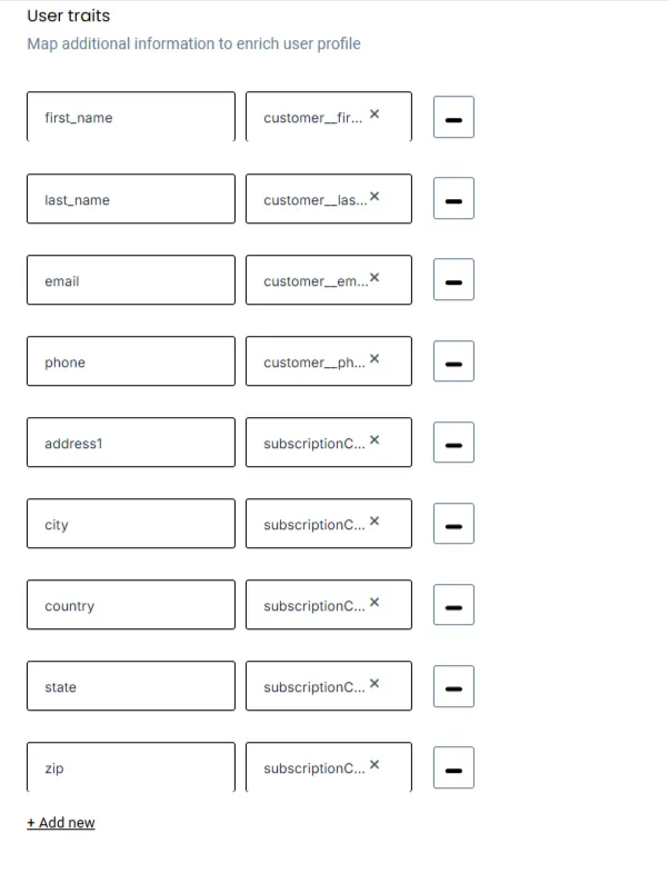 User Traits Mapping – “CustomerLabs user traits section mapping fields like first_name, last_name, email, phone, and address1 to customer data attributes.”