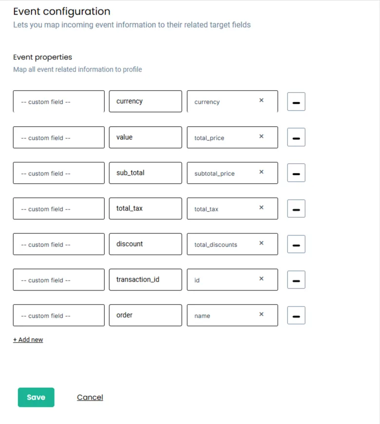Event Configuration Mapping – “CustomerLabs event configuration screen showing custom field mappings for event properties including currency, value, subtotal, tax, discount, transaction ID, and order.”
